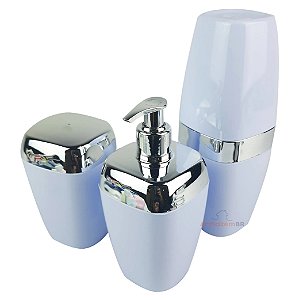 Conjunto Dispenser Sabonete + Suporte Escova Dente + Porta Algodão Banheiro Cromado Branco - AMZ