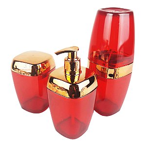 Conjunto Dispenser Sabonete + Suporte Escova Dente + Porta Algodão Banheiro Rose Gold Vermelho - AMZ