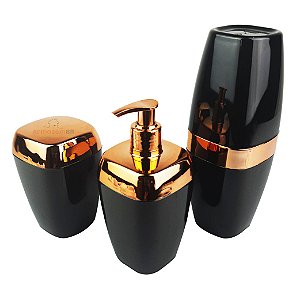 Conjunto Dispenser Sabonete + Suporte Escova Dente + Porta Algodão Banheiro Rose Gold Preto - AMZ