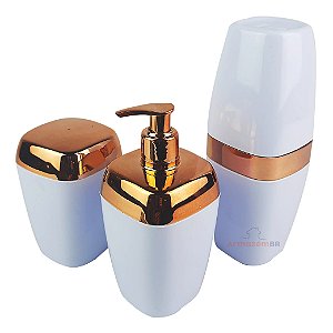 Conjunto Dispenser Sabonete + Suporte Escova Dente + Porta Algodão Banheiro Rose Gold Branco - AMZ