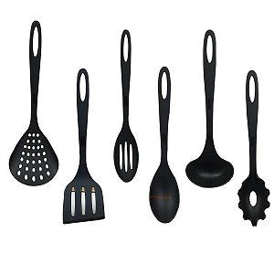 Kit 6 Utensílios Nylon Acessórios De Cozinha Espátula Colheres Espumadeira Concha Culinários - Rotaplast - Preto