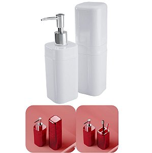 Conjunto Portas Escovas Tampa + Dispenser Sabonete Líquido Banheiro Splash - 99182 Coza - Branco