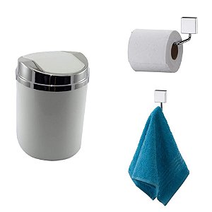 Kit 3 Peças Banheiro Lixeira + Papeleira + Cabide Toalha Cromado - Future - Branco