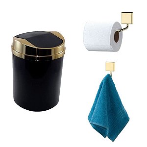 Kit 3 Peças Banheiro Lixeira + Papeleira + Cabide Toalha Dourado - Future - Preto