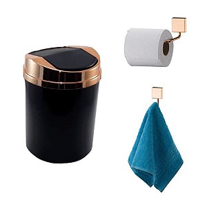 Kit 3 Peças Banheiro Lixeira + Papeleira + Cabide Toalha Rosé Gold - Future - Preto