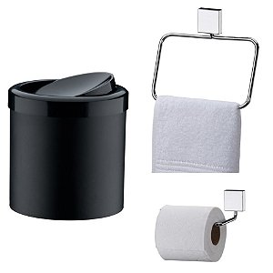 Kit Banheiro Inox Porta Toalha Argola + Papeleira + Lixeira Basculante 5l - Future - Preto