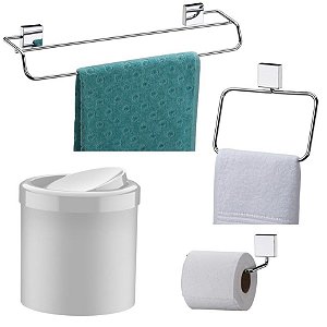 Kit Banheiro Inox Toalheiro + Porta Toalha Argola + Papeleira + Lixeira Basculante - Future - Branco