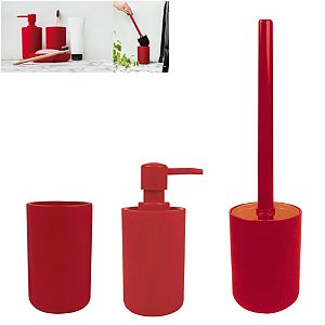 Kit Banheiro Dispenser Sabonete + Porta Escovas Pasta + Suporte Escova Sanitária - Mor - Vermelho