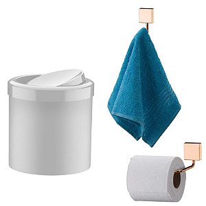 Kit Banheiro Rosé Gold Porta Toalha + Suporte Papel Higiênico + Lixeira Basculante - Future - Branco