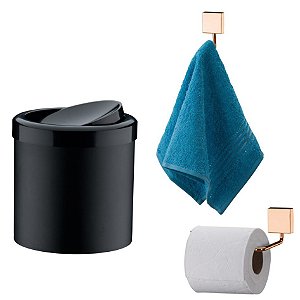 Kit Banheiro Rosé Gold Porta Toalha + Suporte Papel Higiênico + Lixeira Basculante - Future - Preto