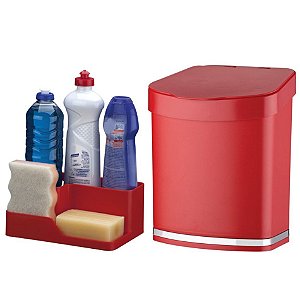 Kit Cozinha Porta Detergente Esponja Sabão + Lixeira 2,5 Litros Pia - Future - Vermelho