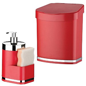 Kit Dispensador Para Detergente + Lixeira Eleganza - 1254 Future - Vermelho