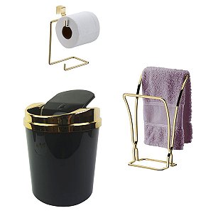 Kit Banheiro Dourado Porta Toalha Duplo Rosto + Suporte Papel Higiênico + Lixeira - Future - Preto