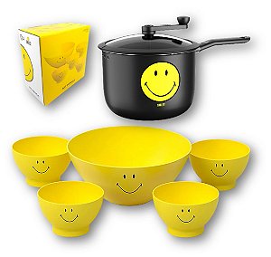 Kit Pipoqueira 4,2L Alumínio Antiaderente + Tigela Para Pipoca + 4 Potes Cumbuca Smiley - Coza - Preto