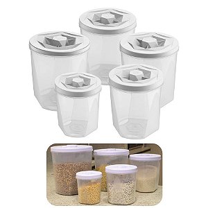 Kit 5 Pote Porta Mantimento Alimento Com Tampa Cozinha Armário - UZ284 Uz - Branco