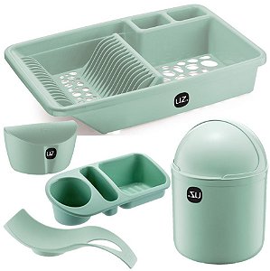 Kit 5pç Cozinha Escorredor Louça Lixeira 4l Organizador Pia Apoio Colher Saleiro - Uz - Verde Menta