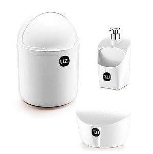 Kit Cozinha Lixeira 4 L Tampa Capacete + Dispenser Porta Detergente + Saleiro - Uz - Branco