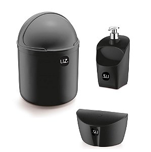 Kit Cozinha Lixeira 4 L Tampa Capacete + Dispenser Porta Detergente + Saleiro - Uz - Preto