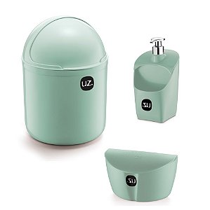 Kit Cozinha Lixeira 4 L Tampa Capacete + Dispenser Porta Detergente + Saleiro - Uz - Verde Menta