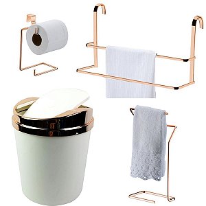 Kit 4 Peças Banheiro Lixeira + Papeleira + Toalheiro Duplo Box e Bancada Rosé Gold - Future - Branco