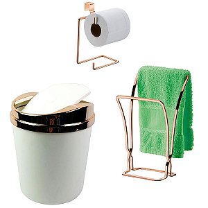 Kit Banheiro Porta Toalha + Suporte Papel Higiênico + Lixeira Rose Gold - Future - Branco