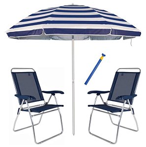 Kit 2 Cadeira Boreal Reclinável 4 Pos Alum + Guarda Sol 2,6m Alum + Saca Areia - Mor - Azul Marinho