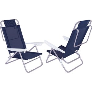 Kit 2 Cadeiras Summer Reclinável 6 pos Alumínio Praia Piscina Camping - Mor - Azul Marinho