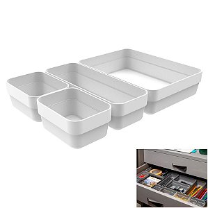 Kit 4 Cestos Organizador Gaveta Multiuso Plástico Quarto Cozinha Mini/M/G Logic - CLL 300 Ou - Branco