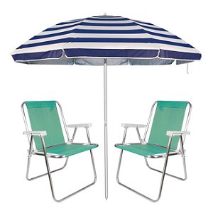 Kit Praia 2 Cadeira Alta Sannet Alumínio + Guarda Sol 2m Sombreiro Alumínio - Mor - Azul Listrado