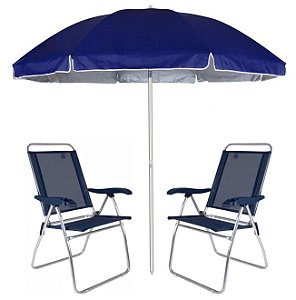 Kit Praia 2 Cadeira Boreal Reclinável 4 Pos Alumínio + Guarda Sol 2,6m Alum Azul  - Mor - Azul Marinho