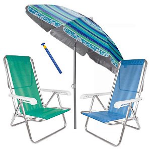 Kit Praia 2 Cadeira Reclinável Sannet Alum + Guarda Sol 2,4m Alum + Saca Areia - Mor - Verde-Azul