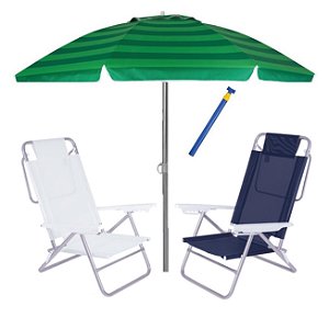 Kit Praia 2 Cadeira Summer Reclinável 6 Pos + Guarda Sol 2,4m + Saca Areia - Mor - Azul Florido