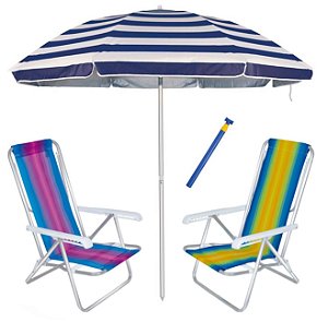 Kit Praia 2 Cadeiras Reclinável 8 Pos Alum + Guarda Sol 2,6m Listrado + Saca Areia - Mor - Azul Marinho