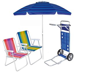 Kit Praia Carrinho Com Avanço + 2 Cadeira Alta Aluminio + Guarda Sol 2,4m - Mor - Azul