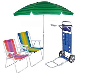 Kit Praia Carrinho Com Avanço + 2 Cadeira Alta Aluminio + Guarda Sol 2,4m - Mor - Verde