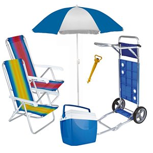 Kit Praia Carrinho Com Avanço + 2 Cadeira Reclinável + Guarda Sol + Caixa Térmica + Saca Areia - Mor - Azul