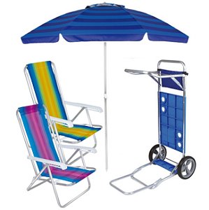 Kit Praia Carrinho Com Avanço + 2 Cadeira Reclinável 8 Pos Alum + Guarda Sol 2,4m  - Mor - Azul