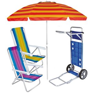 Kit Praia Carrinho Com Avanço + 2 Cadeira Reclinável 8 Pos Alum + Guarda Sol 2,4m  - Mor - Vermelho