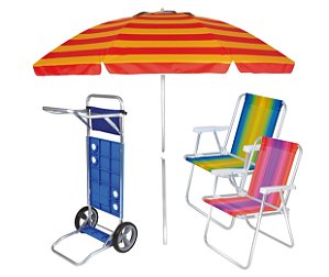 Kit Praia Carrinho De Praia + 2 Cadeira Alta Alumínio + Guarda Sol 2,4m Articulado - Mor - Vermelho