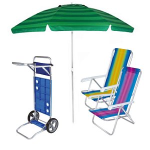 Kit Praia Carrinho De Praia + 2 Cadeira Reclinável 8 Pos Alum + Guarda Sol 2,4 Metros- Mor - Verde