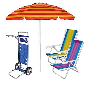 Kit Praia Carrinho De Praia + 2 Cadeira Reclinável 8 Pos Alum + Guarda Sol 2,4 Metros- Mor - Vermelho