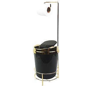 Suporte Porta Papel Higiênico lixeira Preto 5 Litros Com Tampa Basculante Dourado Banheiro - AMZ