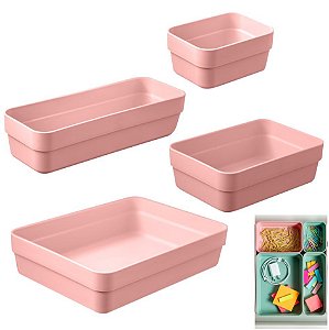 Kit 4 Organizador De Gavetas Plástico Cozinha Quarto Multiuso Objetos - KTE 001 Ou - Rosa