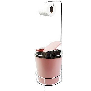 Suporte Porta Papel Higiênico lixeira Rosa 5 Litros Com Tampa Basculante Cromado Banheiro - AMZ