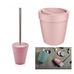 Kit Banheiro Lixeira 5L Basculante + Suporte Porta Escova Sanitária - Ou - Rosa