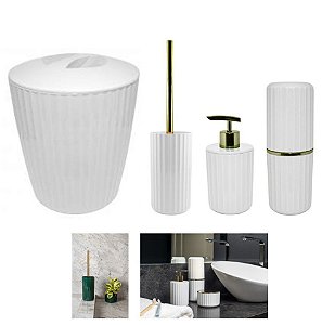 Kit Banheiro Groove Suporte Porta Escovas Dispenser Sabonete Lixeira Dourado - Ou - Branco