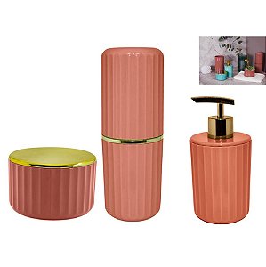 Kit Banheiro Porta Escovas + Dispenser Sabonete + Suporte Algodão Cotonete - Ou - Terracota