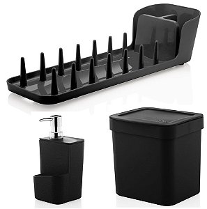 Kit Cozinha Escorredor De Louças Prático + Porta Dispenser Detergente + Lixeira 2,5L - Ou - Preto