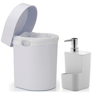 Kit Cozinha Dispenser Porta Detergente + Lixeira Hide 3,5 Litros Pia - Ou - Branco