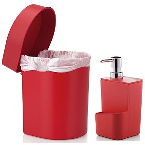 Kit Cozinha Dispenser Porta Detergente + Lixeira Hide 3,5 Litros Pia - Ou - Vermelho